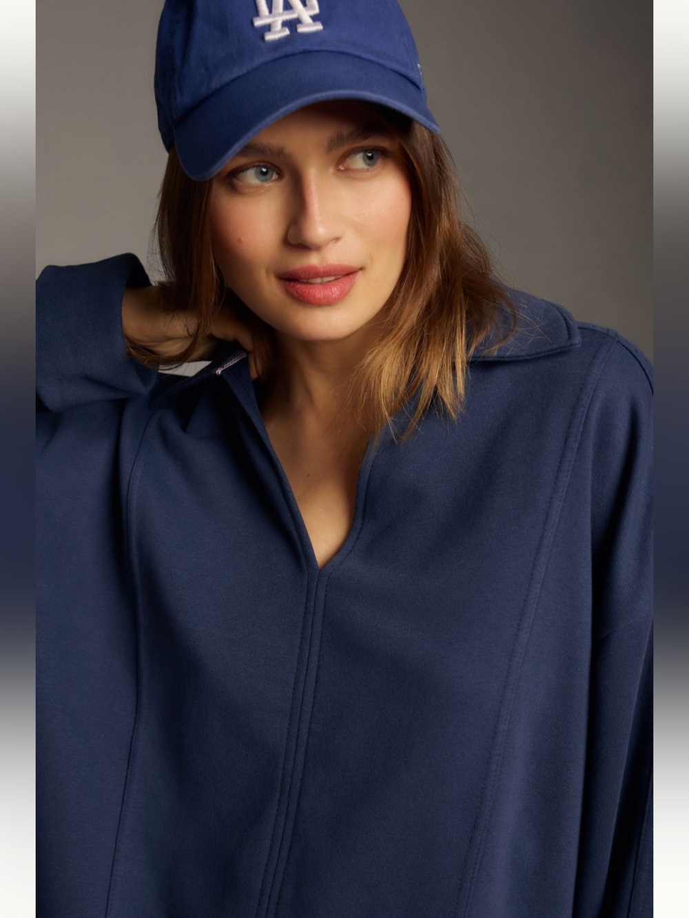 Pilcro Johnny Collar Pullover Sweatshirt Top, Navy Blue, Size Medium - Picture 4 of 11